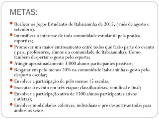 METAS:
Realizar os Jogos Estudantis de Itabaianinha de 2015, ( mês de agosto e
setembro).
Intensificar o interesse de toda comunidade estudantil pela prática
esportiva;
Promover um maior entrosamento entre todos que farão parte do evento
( pais, professores, alunos e a comunidade de Itabaianinha). Como
também despertar o gosto pelo esporte;
Atingir aproximadamente 3.000 alunos participantes passivos;
Resgatar em pelo menos 20% na comunidade Itabaianinha o gosto pelo
desporto escolar;
Envolver a participação de pelo menos 15 escolas;
Executar o evento em três etapas: classificatórias, semifinal e final;
Envolver a participação ativa de 1500 alunos participantes ativos
( atletas);
Envolver modalidades coletivas, individuais e pré desportivas todas para
ambos os sexos.
 