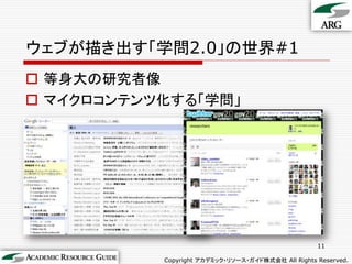ウェブが描き出す「学問2.0」の世界#1
 等身大の研究者像
 マイクロコンテンツ化する「学問」




                                                    11

           Copyright アカデミック・リソース・ガイド株式会社 All Rights Reserved.
 