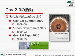Gov 2.0の胎動
 形になりだしたGov 2.0
  Gov 2.0 Summit 2009
    2009-09
  “Open Government”刊行
    2010-02
  Gov 2.0 Expo 2010
    2010-05




                                                          17

                 Copyright アカデミック・リソース・ガイド株式会社 All Rights Reserved.
 