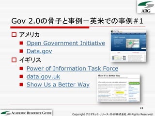 Gov 2.0の骨子と事例－英米での事例#1
 アメリカ
  Open Government Initiative
  Data.gov
 イギリス
  Power of Information Task Force
  data.gov.uk
  Show Us a Better Way



                                                           24

                  Copyright アカデミック・リソース・ガイド株式会社 All Rights Reserved.
 