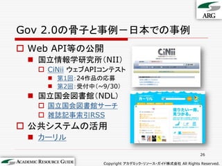 Gov 2.0の骨子と事例－日本での事例
 Web API等の公開
  国立情報学研究所（NII）
    CiNii ウェブAPIコンテスト
      第1回：24作品の応募
      第2回：受付中（~9/30）
  国立国会図書館（NDL）
    国立国会図書館サーチ
    雑誌記事索引RSS
 公共システムの活用
  カーリル
                                                          26

                 Copyright アカデミック・リソース・ガイド株式会社 All Rights Reserved.
 