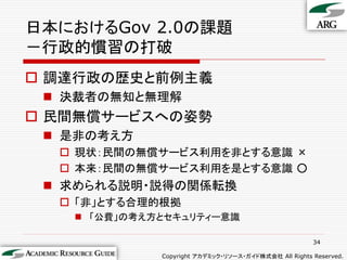 日本におけるGov 2.0の課題
－行政的慣習の打破
 調達行政の歴史と前例主義
  決裁者の無知と無理解
 民間無償サービスへの姿勢
  是非の考え方
   現状：民間の無償サービス利用を非とする意識 ×
   本来：民間の無償サービス利用を是とする意識 ○
  求められる説明・説得の関係転換
   「非」とする合理的根拠
    「公費」の考え方とセキュリティー意識

                                                      34

             Copyright アカデミック・リソース・ガイド株式会社 All Rights Reserved.
 