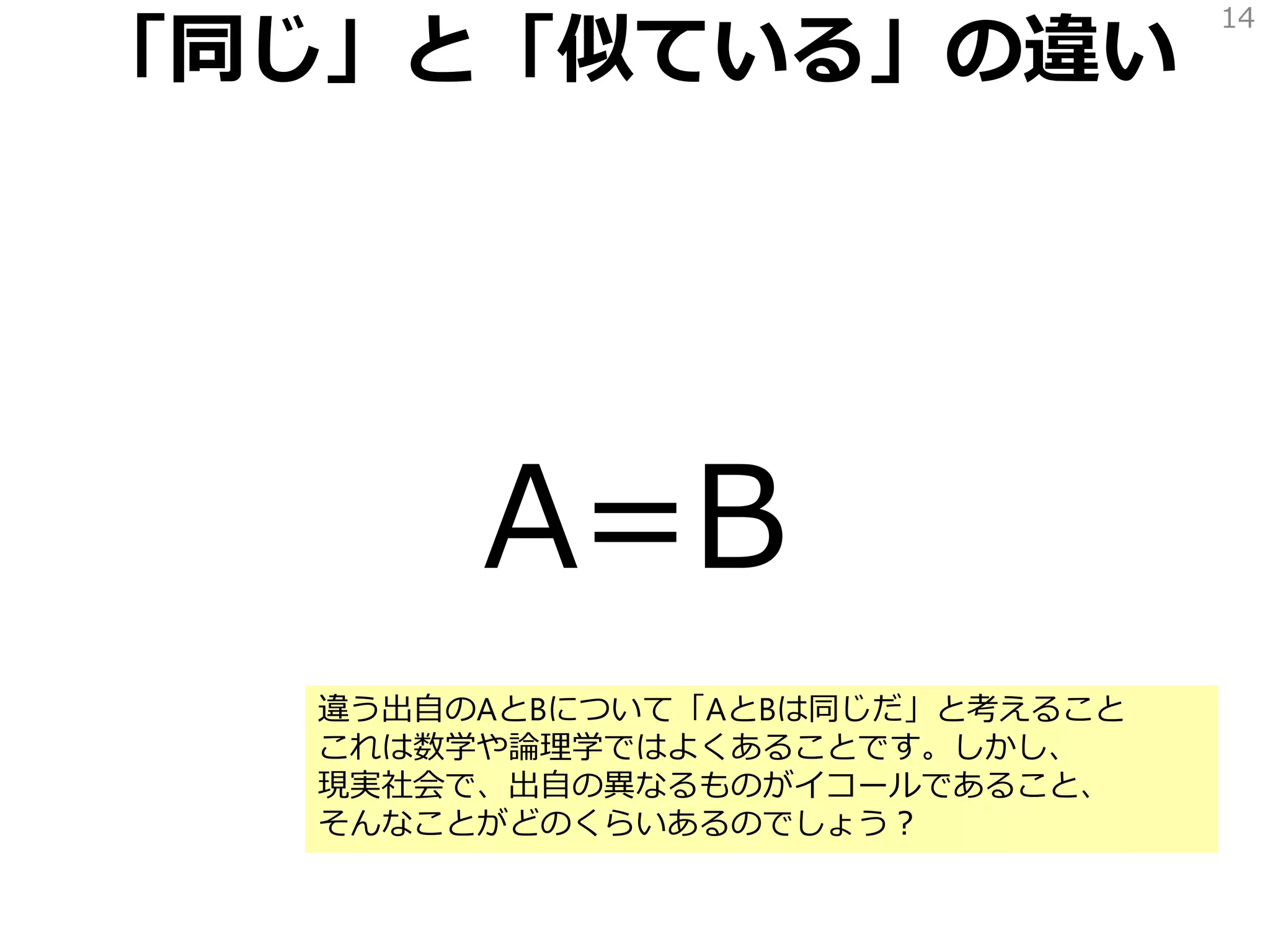 「同じ」と「似ている」の違い
A=B
14
違う出自のAとBについて「AとBは同じだ」と考えること
これは数学や論理学ではよくあることです。しかし、
現実社会で、出自の異なるものがイコールであること、
そんなことがどのくらいあるのでしょう？
 