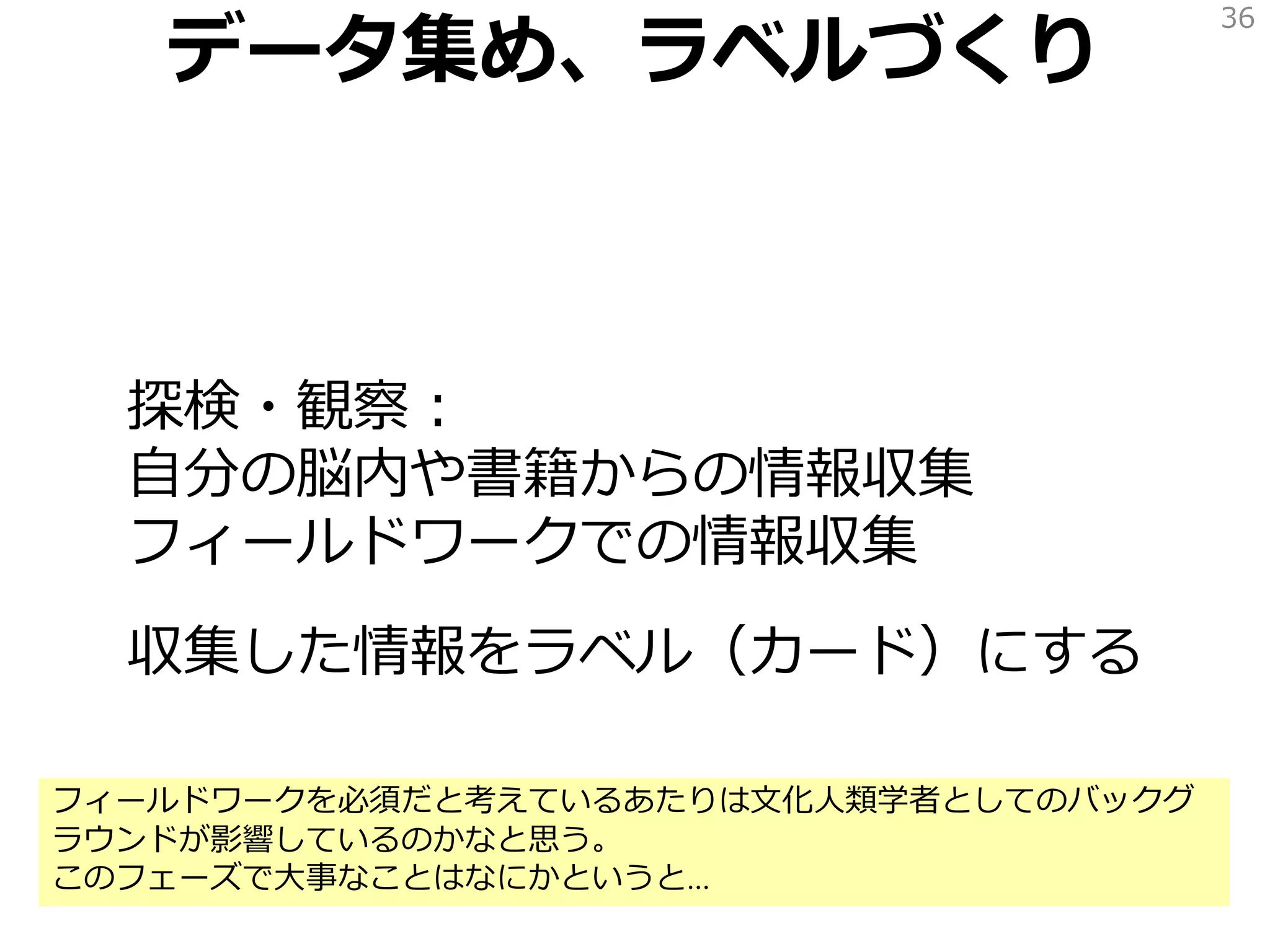 データ集め、ラベルづくり
探検・観察：
自分の脳内や書籍からの情報収集
フィールドワークでの情報収集
収集した情報をラベル（カード）にする
36
フィールドワークを必須だと考えているあたりは文化人類学者としてのバックグ
ラウンドが影響しているのかなと思う。
このフェーズで大事なことはなにかというと…
 