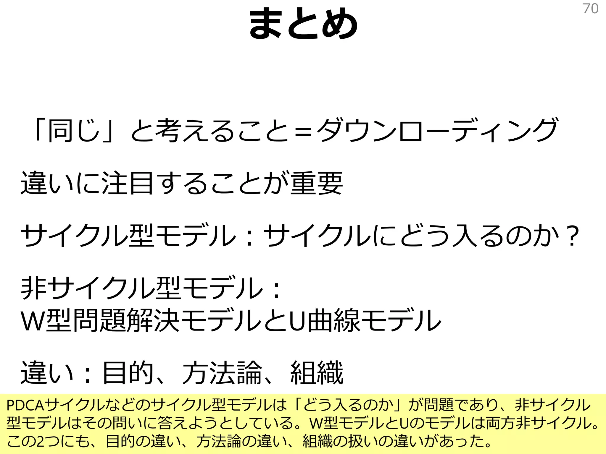 まとめ
「同じ」と考えること＝ダウンローディング
違いに注目することが重要
サイクル型モデル：サイクルにどう入るのか？
非サイクル型モデル：
W型問題解決モデルとU曲線モデル
違い：目的、方法論、組織
70
PDCAサイクルなどのサイクル型モデルは「どう入るのか」が問題であり、非サイクル
型モデルはその問いに答えようとしている。W型モデルとUのモデルは両方非サイクル。
この2つにも、目的の違い、方法論の違い、組織の扱いの違いがあった。
 