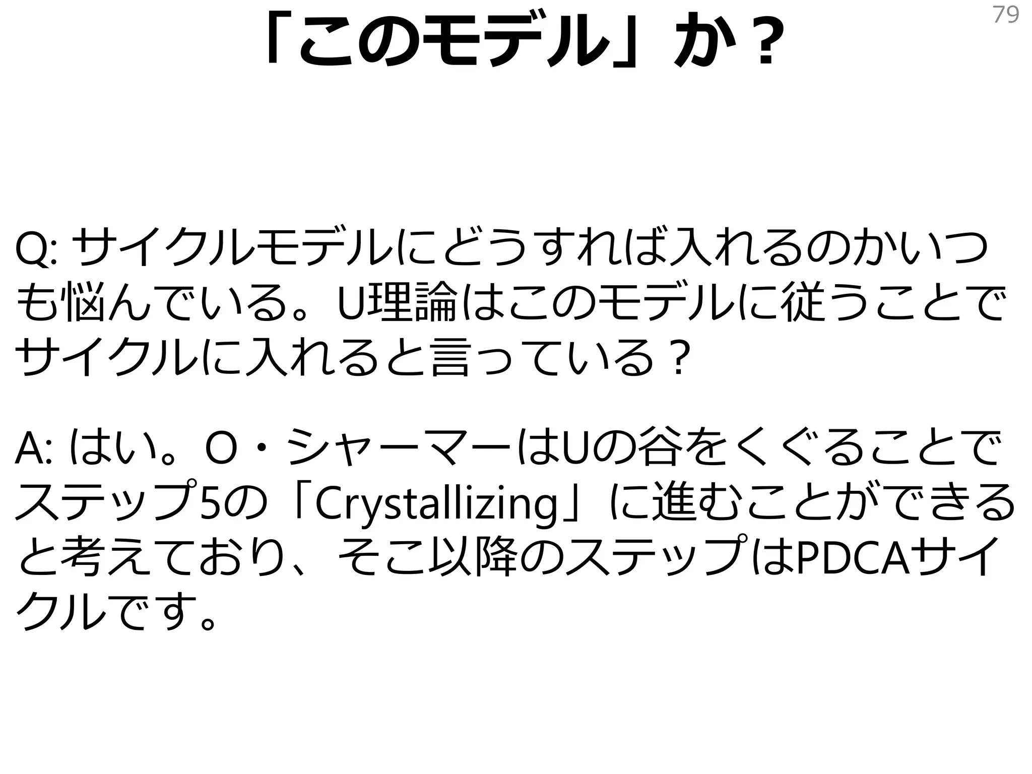 「このモデル」か？
Q: サイクルモデルにどうすれば入れるのかいつ
も悩んでいる。U理論はこのモデルに従うことで
サイクルに入れると言っている？
A: はい。O・シャーマーはUの谷をくぐることで
ステップ5の「Crystallizing」に進むことができる
と考えており、そこ以降のステップはPDCAサイ
クルです。
79
 