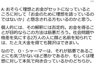 A: おそらく理想とお金がセットになっていると
ころに対して「お金のために理想を語っているの
ではないか」と懸念される方もいるのかと思う。
個人的には、その解釈には否定的。お金を得るこ
とが目的ならこの方法は筋悪だろう。社会問題や
格差を気にする2万人の人に顔と名前を知られて
は、たとえ大金を得ても贅沢はできまい。
なので、O・シャーマーは、それが筋悪であるこ
とにも気づかないほど愚かであるか、もしくは理
想に対して本気で向き合っているかのどちらか。
102
 