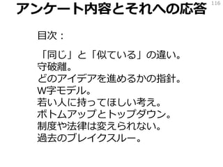 アンケート内容とそれへの応答
目次：
「同じ」と「似ている」の違い。
守破離。
どのアイデアを進めるかの指針。
W字モデル。
若い人に持ってほしい考え。
ボトムアップとトップダウン。
制度や法律は変えられない。
過去のブレイクスルー。
116
 