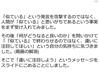 「似ている」という発言を攻撃するのではなく、
人間が「似ている」と思いがちであるという事実
をまず受け入れてみました。
その後「何がどうなると良いのか」を問いかけて
「『似ている』で終わらせるのではなく、違いに
注目してほしい」という自分の気持ちに気づきま
した。(葛藤の解消)
そこで「違いに注目しよう」というメッセージを
スライドにこめることにしました。
119
 