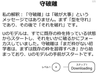 守破離
私の解釈：「守破離」は「破が大事」という
メッセージではありません。まず「型を守れ」
であり、その後で「それを破れ」です。
Uのモデルは、すでに既存の枠を持っている状態
からスタートし、それをいかに破るかにフォー
カスしていました。守破離は「まだ枠がない初
学者は、まずは既存の枠を習得すべき」から始
まっており、Uのモデルの手前がスタートです。
121
 
