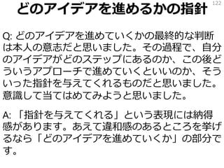 どのアイデアを進めるかの指針
Q: どのアイデアを進めていくかの最終的な判断
は本人の意志だと思いました。その過程で、自分
のアイデアがどのステップにあるのか、この後ど
ういうアプローチで進めていくといいのか、そう
いった指針を与えてくれるものだと思いました。
意識して当てはめてみようと思いました。
A: 「指針を与えてくれる」という表現には納得
感があります。あえて違和感のあるところを挙げ
るなら「どのアイデアを進めていくか」の部分で
す。
122
 