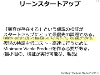 リーンスタートアップ
「顧客が存在する」という仮説の検証が
スタートアップにとって最優先の課題である。
仮説の検証を低コスト・高速に行うために
Minimum Viable Productを作る必要がある。
(最小限の、検証が実行可能な、製品)
25
Eric Ries ”The Lean Startup” (2011)
「顧客がいるだろうと思って製品を作ったけどいなかった」では会社がつぶれる。
 