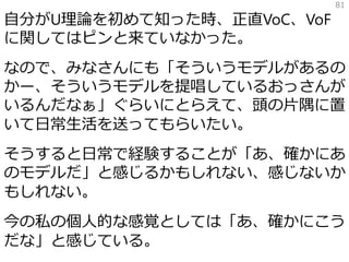 自分がU理論を初めて知った時、正直VoC、VoF
に関してはピンと来ていなかった。
なので、みなさんにも「そういうモデルがあるの
かー、そういうモデルを提唱しているおっさんが
いるんだなぁ」ぐらいにとらえて、頭の片隅に置
いて日常生活を送ってもらいたい。
そうすると日常で経験することが「あ、確かにあ
のモデルだ」と感じるかもしれない、感じないか
もしれない。
今の私の個人的な感覚としては「あ、確かにこう
だな」と感じている。
81
 