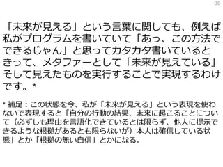 「未来が見える」という言葉に関しても、例えば
私がプログラムを書いていて「あっ、この方法で
できるじゃん」と思ってカタカタ書いていると
きって、メタファーとして「未来が見えている」
そして見えたものを実行することで実現するわけ
です。*
* 補足：この状態を今、私が「未来が見える」という表現を使わ
ないで表現すると「自分の行動の結果、未来に起こることについ
て（必ずしも理由を言語化できているとは限らず、他人に提示で
きるような根拠があるとも限らないが）本人は確信している状
態」とか「根拠の無い自信」とかになる。
86
 