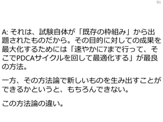 A: それは、試験自体が「既存の枠組み」から出
題されたものだから。その目的に対しての成果を
最大化するためには「速やかに7まで行って、そ
こでPDCAサイクルを回して最適化する」が最良
の方法。
一方、その方法論で新しいものを生み出すことが
できるかというと、もちろんできない。
この方法論の違い。
91
 