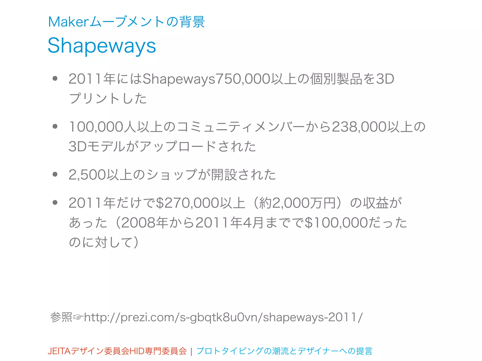 Makerムーブメントの背景
Shapeways
•   2011年にはShapeways750,000以上の個別製品を3D
    プリントした

•   100,000人以上のコミュニティメンバーから238,000以上の
    3Dモデルがアップロードされた

•   2,500以上のショップが開設された

•   2011年だけで$270,000以上（約2,000万円）の収益が
    あった（2008年から2011年4月までで$100,000だった
    のに対して）




参照☞http://prezi.com/s-gbqtk8u0vn/shapeways-2011/

JEITAデザイン委員会HID専門委員会 ¦ プロトタイピングの潮流とデザイナーへの提言
 