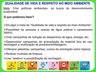 Meta : Criar políticas ambientais, na busca do desenvolvimento sustentável. QUALIDADE DE VIDA E RESPEITO AO MEIO AMBIENTE O que podemos fazer? Divulgar a meta de “Qualidade de vida e respeito ao meio Ambiente”; Possibilitar às pessoas o acesso de água potável e saneamento básico; Criar campanhas de redução ao desperdício de água, energia, etc; Desenvolver campanhas de arrecadação de material fora de uso, reciclagem e reutilização de produtos/embalagens; Oferecer palestras, campanhas, cursos de orientação sobre higiene; Realizar mutirões de limpeza; Lixo “seletivo” e possibilitação de reciclagem. 