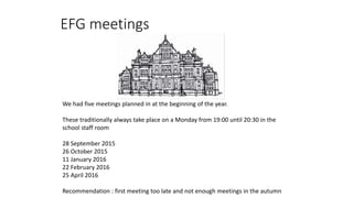 EFG meetings
We had five meetings planned in at the beginning of the year.
These traditionally always take place on a Monday from 19:00 until 20:30 in the
school staff room
28 September 2015
26 October 2015
11 January 2016
22 February 2016
25 April 2016
Recommendation : first meeting too late and not enough meetings in the autumn
 