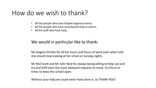 How do we wish to thank?
• All the people who have helped organise events.
• All the people who have volunteered help at events .
• All the staff who have help.
We would in particular like to thank:
Ms Angela Christie for all her hours and hours of work even when told
she should stop looking at her email on Sunday nights.
Mr Neil Scott and Mr John Reid for always being willing to help out and
try and fulfil even the most awkward requests to move furniture or
times to keep the school open.
Without your help we could never have done it, so THANK YOU!
 
