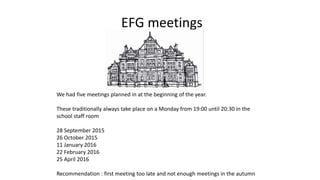 EFG meetings
We had five meetings planned in at the beginning of the year.
These traditionally always take place on a Monday from 19:00 until 20:30 in the
school staff room
28 September 2015
26 October 2015
11 January 2016
22 February 2016
25 April 2016
Recommendation : first meeting too late and not enough meetings in the autumn
 