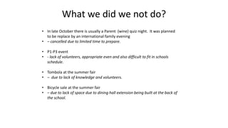 What we did we not do?
• In late October there is usually a Parent (wine) quiz night. It was planned
to be replace by an international family evening
• – cancelled due to limited time to prepare.
• P1-P3 event
• - lack of volunteers, appropriate even and also difficult to fit in schools
schedule.
• Tombola at the summer fair
• – due to lack of knowledge and volunteers.
• Bicycle sale at the summer fair
• – due to lack of space due to dining hall extension being built at the back of
the school.
 