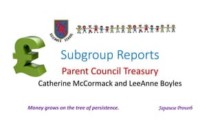 Subgroup Reports
Parent Council Treasury
Catherine McCormack and LeeAnne Boyles
I've Been Waiting for This Night
Money grows on the tree of persistence. Japanese Proverb
 