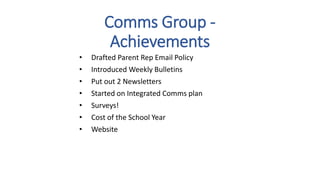 Comms Group -
Achievements
• Drafted Parent Rep Email Policy
• Introduced Weekly Bulletins
• Put out 2 Newsletters
• Started on Integrated Comms plan
• Surveys!
• Cost of the School Year
• Website
 