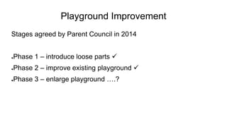 Playground Improvement
Stages agreed by Parent Council in 2014
●Phase 1 – introduce loose parts 
●Phase 2 – improve existing playground 
●Phase 3 – enlarge playground ….?
 