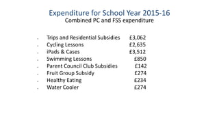 Expenditure for School Year 2015-16
Combined PC and FSS expenditure
 Trips and Residential Subsidies £3,062
 Cycling Lessons £2,635
 iPads & Cases £3,512
 Swimming Lessons £850
 Parent Council Club Subsidies £142
 Fruit Group Subsidy £274
 Healthy Eating £234
 Water Cooler £274
 