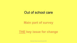 Out of school care
Main part of survey
THE key issue for change
Sciennes Parent Council Survey 2016
 