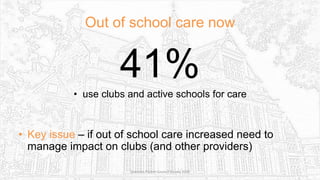 Out of school care now
41%
• use clubs and active schools for care
• Key issue – if out of school care increased need to
manage impact on clubs (and other providers)
Sciennes Parent Council Survey 2016
 