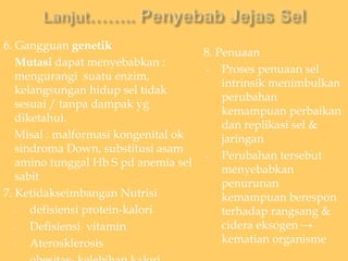 6. Gangguan genetik
Mutasi dapat menyebabkan :
mengurangi suatu enzim,
kelangsungan hidup sel tidak
sesuai / tanpa dampak yg
diketahui.
Misal : malformasi kongenital ok
sindroma Down, substitusi asam
amino tunggal Hb S pd anemia sel
sabit
7. Ketidakseimbangan Nutrisi
- defisiensi protein-kalori
- Defisiensi vitamin
- Aterosklerosis
8. Penuaan
– Proses penuaan sel
intrinsik menimbulkan
perubahan
kemampuan perbaikan
dan replikasi sel &
jaringan
– Perubahan tersebut
menyebabkan
penurunan
kemampuan berespon
terhadap rangsang &
cidera eksogen →
kematian organisme
 