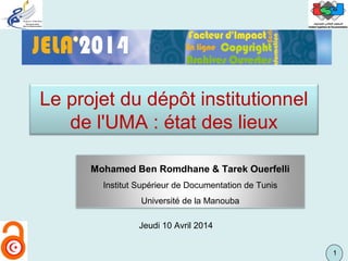 11
Jeudi 10 Avril 2014
Le projet du dépôt institutionnel
de l'UMA : état des lieux
Mohamed Ben Romdhane & Tarek Ouerfelli
Institut Supérieur de Documentation de Tunis
Université de la Manouba
 