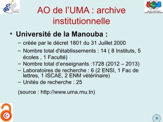99
AO de l’UMA : archive
institutionnelle
• Université de la Manouba :
– créée par le décret 1801 du 31 Juillet 2000
– Nom...