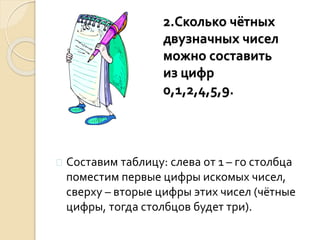2.Сколько чётных
двузначных чисел
можно составить
из цифр
0,1,2,4,5,9.
 Составим таблицу: слева от 1 – го столбца
поместим первые цифры искомых чисел,
сверху – вторые цифры этих чисел (чётные
цифры, тогда столбцов будет три).
 