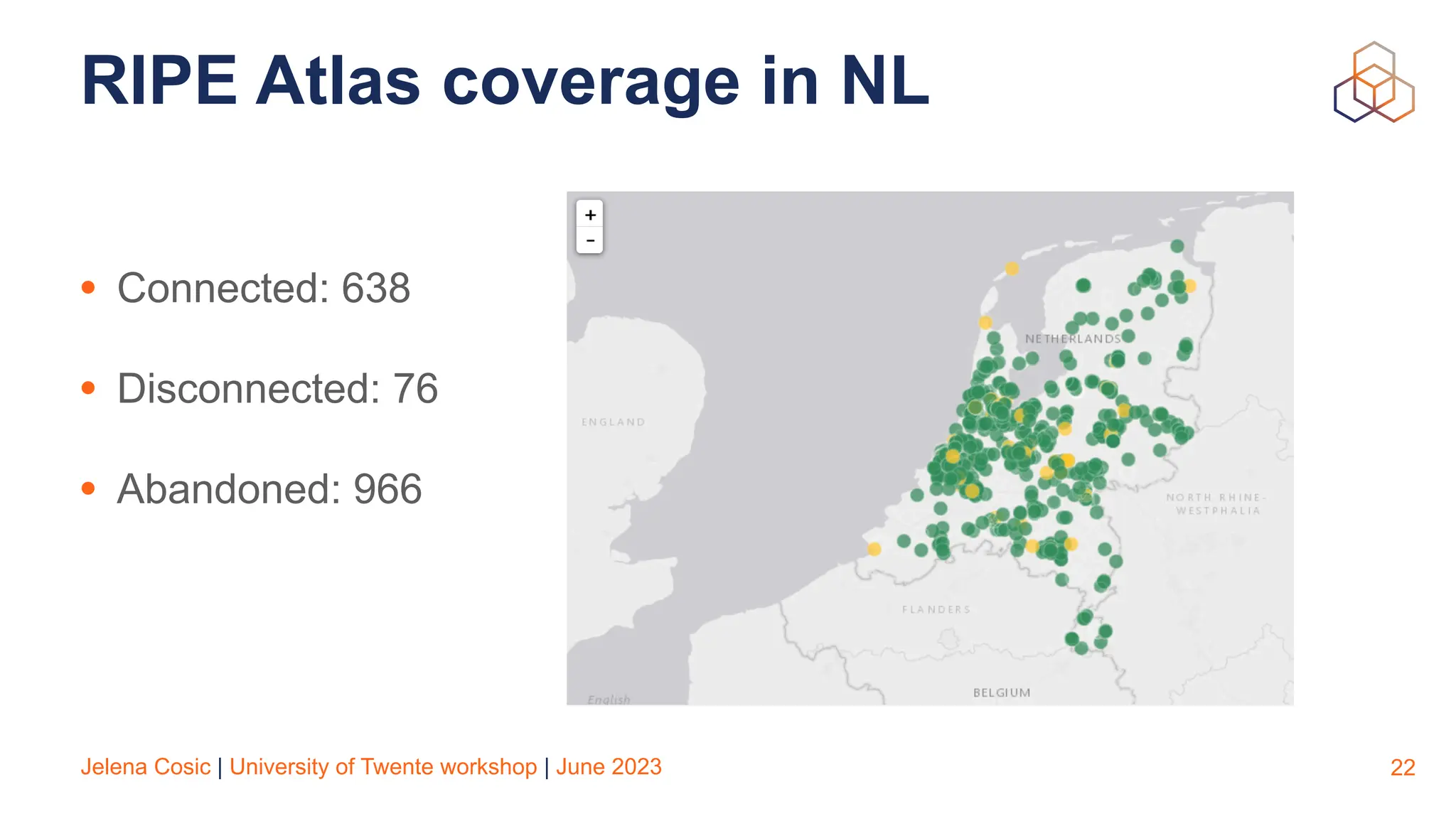 Jelena Cosic | University of Twente workshop | June 2023
RIPE Atlas coverage in NL
• Connected: 638
• Disconnected: 76
• Abandoned: 966
22
 
