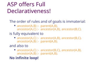 ASP offers Full
Declarativeness!
The order of rules and of goals is immaterial:
 ancestor(A,B) :- parent(A,B).
ancestor(A,C) :- ancestor(A,B), ancestor(B,C).
is fully equivalent to
 ancestor(A,C) :- ancestor(A,B), ancestor(B,C).
ancestor(A,B) :- parent(A,B).
and also to
 ancestor(A,C) :- ancestor(B,C), ancestor(A,B).
ancestor(A,B) :- parent(A,B).
No infinite loop!
 
