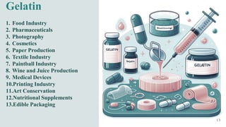 Gelatin
1. Food Industry
2. Pharmaceuticals
3. Photography
4. Cosmetics
5. Paper Production
6. Textile Industry
7. Paintball Industry
8. Wine and Juice Production
9. Medical Devices
10.Printing Industry
11.Art Conservation
12.Nutritional Supplements
13.Edible Packaging
 