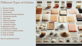 Different Types of Gelatin
1. Bovine Gelatin
2. Porcine Gelatin
3. Fish Gelatin
4. Pharmaceutical grad gelatin
5. Food grade gelatin
6. Jelly Glue
7. Industrial gelatin
8. Chicken Gelatin
9. Vegetable Gelatin
10.Blended Gelatin
11.Hydrolyzed Gelatin
12.Cold Water-Soluble Gelatin
13.Type A Gelatin
14.Type B Gelatin
https://www.asiangelatin.com/gelatin/
 