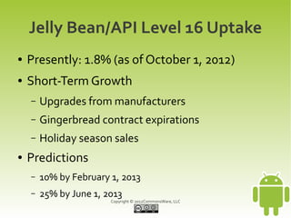 Jelly Bean/API Level 16 Uptake
●   Presently: 1.8% (as of October 1, 2012)
●   Short-Term Growth
    –   Upgrades from manufacturers
    –   Gingerbread contract expirations
    –   Holiday season sales
●   Predictions
    –   10% by February 1, 2013
    –   25% by June 1, 2013
                        Copyright © 2012CommonsWare, LLC
 