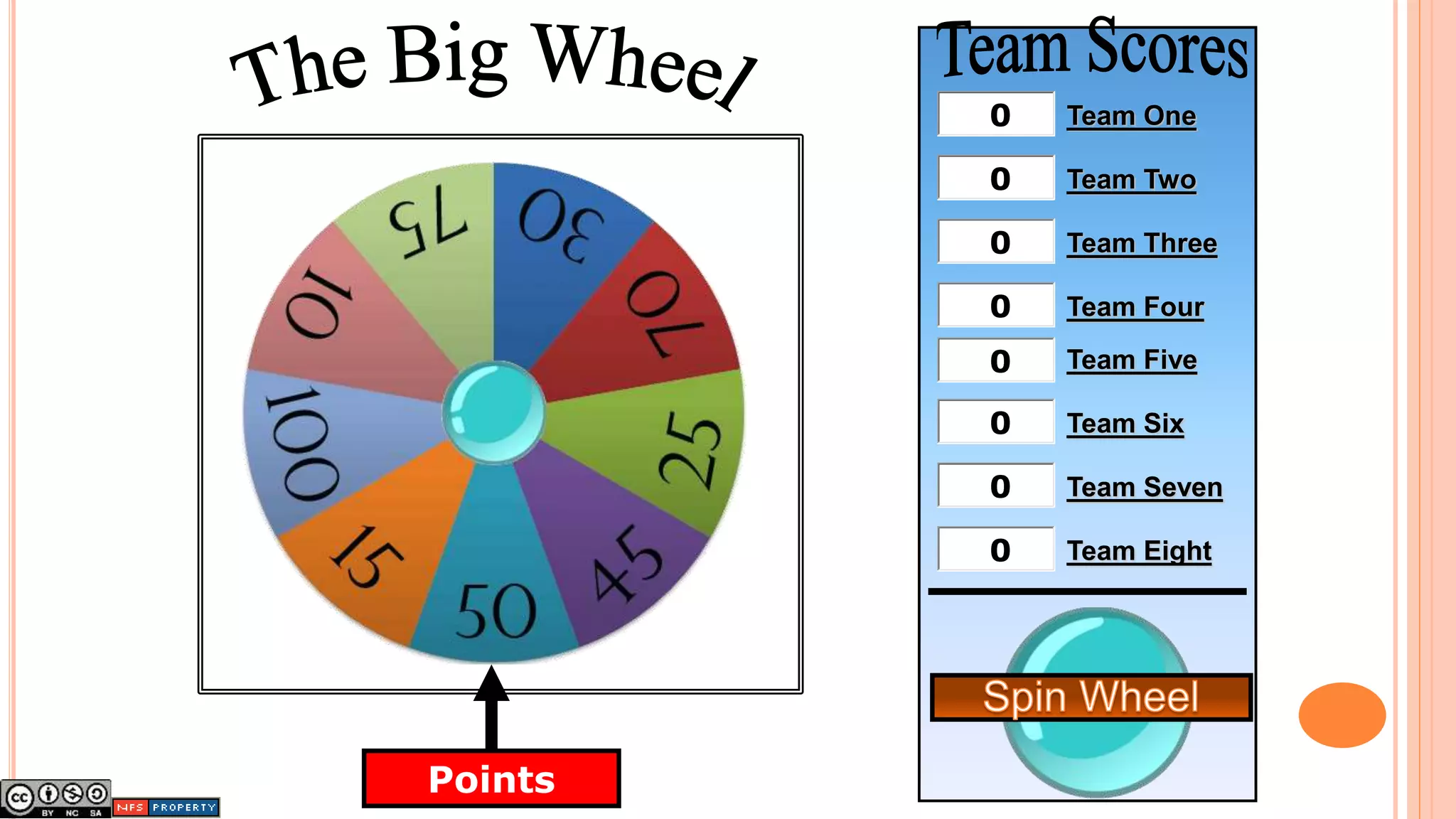 Team One
Team Two
Team Three
Team Four
Team Five
Team Six
Team Seven
Team Eight
Points
0
0
0
0
0
0
0
0
 