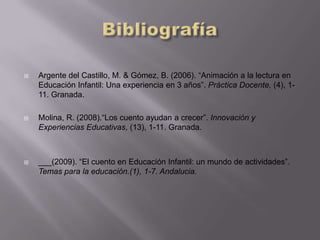   Argente del Castillo, M. & Gómez, B. (2006). “Animación a la lectura en
    Educación Infantil: Una experiencia en 3 años”. Práctica Docente, (4), 1-
    11. Granada.

   Molina, R. (2008).“Los cuento ayudan a crecer”. Innovación y
    Experiencias Educativas, (13), 1-11. Granada.



   ___(2009). “El cuento en Educación Infantil: un mundo de actividades”.
    Temas para la educación.(1), 1-7. Andalucia.
 