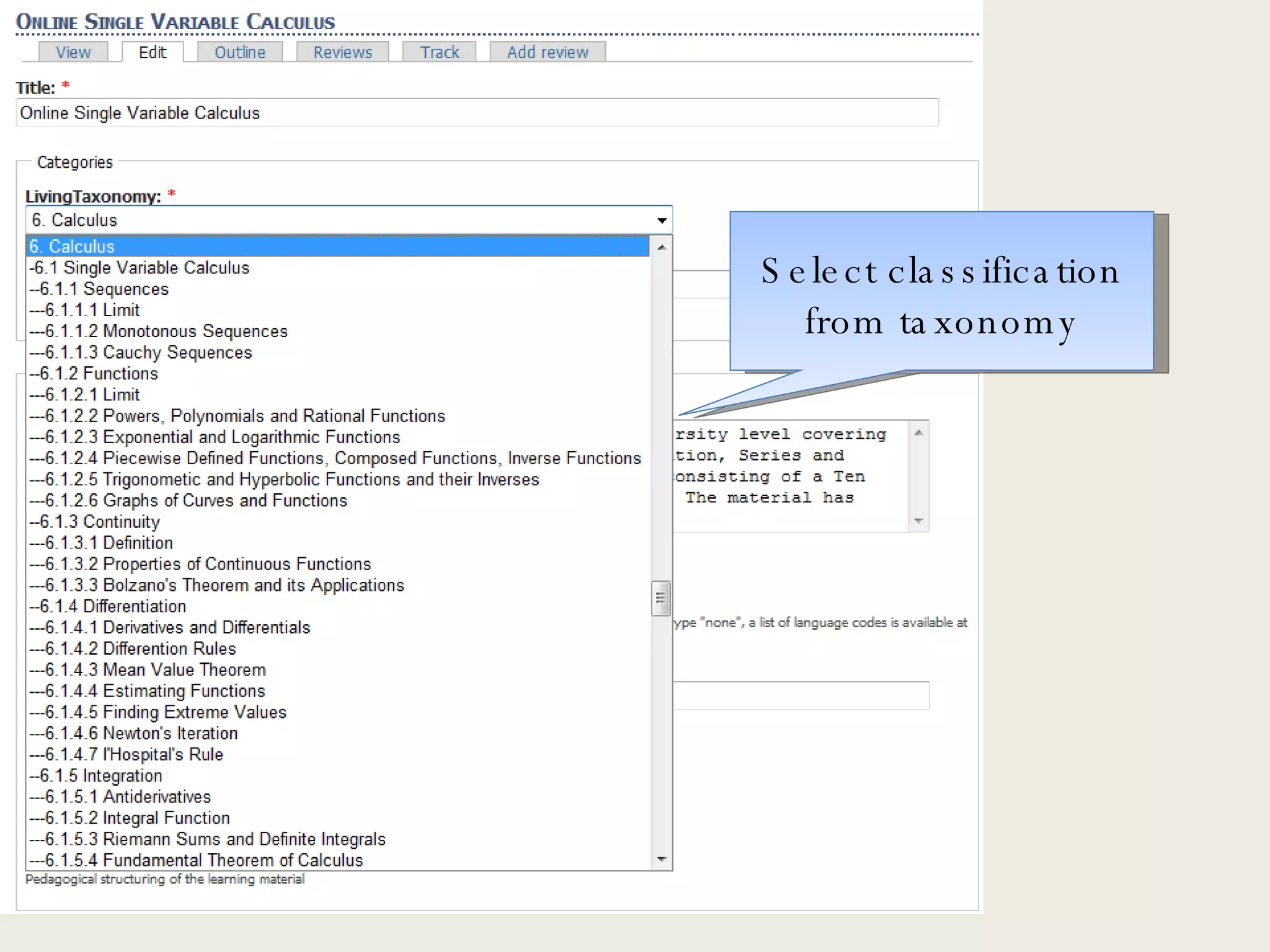 Select classification from taxonomy 