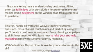 Copyright © 2017 JEM 9http://jem9.com/
Great marketing means understanding customers. All too
often we fall in love with our solution (or preferred marketing
media), losing customers on the winding road from awareness
to purchase.
This fun, hands-on workshop weaves together customer
questions, cross-channel touchpoints and marketing content;
you’ll create a customer journey map. From planning campaigns
to skills investment to KPIs, learn how to raise your strategic
marketing game with customer journey mapping.
With Valentine’s Day so close, is love for your customers in the
air?
Tweet @Jane_E_Morgan #3xedigital
 