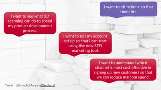Copyright © 2017 JEM 9http://jem9.com/
I want to get my account
set up so that I can start
using the new SEO
marketing tool.
I want to see what 3D
scanning can do to speed
my product development
process.
I want to understand which
channel is most cost effective in
signing up new customers so that
we can reduce marcom spend.
I want to <function> so that
<benefit>.
Tweet @Jane_E_Morgan #3xedigital
 