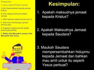 Pengenalan
1.Yesus adalah Pendiri Jemaat                    Kesimpulan:
2.Kita Diatambahkan kepada jemaat
Kristus
3. Kita melayani bersama dalam
                                           1. Apakah maksudnya jemaat
Jemaat
                                              kepada Kristus?
4. Allah bekerja melalui jemaat hari ini
5. Kita harus membangun jemaat
dimana saja
6. Anggota-anggota jemaat adalah
pokok pada jemaat                          2. Apakah Maksudnya Jemaat
7. Waktu kita Menyakiti Jemaat, Kita
Menyakiti hati Yesus
                                               kepada Saudara?


                                           3. Maukah Saudara
                                              mempersembahkan hidupmu
                                              kepada JemaatHow to Call
                                                      11am dan bahkan
                                                    11:15am Discussion
                                              mau amti untuk itu seperti
                                                      12pm Summary
                                              Yesus perbuat?
 