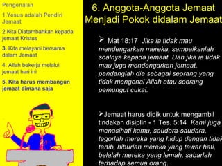 Pengenalan
                              6. Anggota-Anggota Jemaat
                                    6. Memorize the Word:
1.Yesus adalah Pendiri
Jemaat                       Menjadi Pokok didalam Jemaat
2.Kita Diatambahkan kepada
jemaat Kristus                  Mat 18:17  Jika ia tidak mau
3. Kita melayani bersama       mendengarkan mereka, sampaikanlah
dalam Jemaat                   soalnya kepada jemaat. Dan jika ia tidak
4. Allah bekerja melalui       mau juga mendengarkan jemaat,
jemaat hari ini                pandanglah dia sebagai seorang yang
5. Kita harus membangun        tidak mengenal Allah atau seorang
jemaat dimana saja             pemungut cukai.


                               Jemaat harus didik untuk mengambil
                               tindakan disiplin - 1 Tes. 5:14 Kami juga
                               menasihati kamu, saudara-saudara,
                                             11am How to Call
                               tegorlah mereka yang hidup dengan tidak
                                          11:15am Discussion
                               tertib, hiburlah mereka yang tawar hati,
                                             12pm Summary
                               belalah mereka yang lemah, sabarlah
                               terhadap semua orang.
 