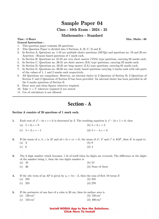 class 10 cbse math sample paper standart paper | PDF