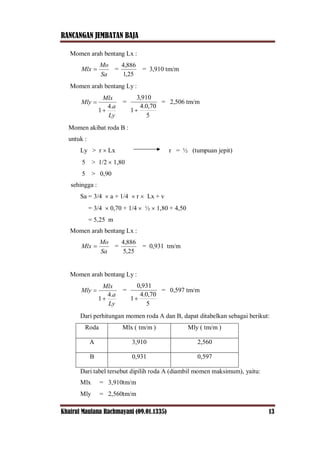 RANCANGAN JEMBATAN BAJA
Khairul Maulana Rachmayani (09.01.1335) 13
Momen arah bentang Lx :
Sa
Mo
Mlx  =
25,1
886,4
= 3,910 tm/m
Momen arah bentang Ly :
Ly
a
Mlx
Mly
.4
1
 =
5
70,0.4
1
910,3

= 2,506 tm/m
Momen akibat roda B :
untuk :
Ly > r  Lx r = ½ (tumpuan jepit)
5 > 1/2  1,80
5 > 0,90
sehingga :
Sa = 3/4  a + 1/4  r  Lx + v
= 3/4  0,70 + 1/4  ½  1,80 + 4,50
= 5,25 m
Momen arah bentang Lx :
Sa
Mo
Mlx  =
25,5
886,4
= 0,931 tm/m
Momen arah bentang Ly :
Ly
a
Mlx
Mly
.4
1
 =
5
70,0.4
1
931,0

= 0,597 tm/m
Dari perhitungan momen roda A dan B, dapat ditabelkan sebagai berikut:
Roda Mlx ( tm/m ) Mly ( tm/m )
A 3,910 2,560
B 0,931 0,597
Dari tabel tersebut dipilih roda A (diambil momen maksimum), yaitu:
Mlx = 3,910tm/m
Mly = 2,560tm/m
 