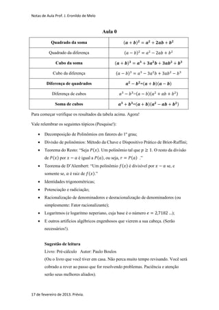 Notas de Aula Prof. J. Eronildo de Melo


                                           Aula 0

            Quadrado da soma                           (         )

          Quadrado da diferença                        (         )

              Cubo da soma                       (         )

             Cubo da diferença                    (        )

         Diferença de quadrados                                      =(          )(      )

            Diferença de cubos                                  =(        )(                      )

              Soma de cubos                                    =(         )(                      )

Para começar verifique os resultados da tabela acima. Agora!

Vale relembrar os seguintes tópicos (Pesquise!):

       Decomposição de Polinômios em fatores do 1º grau;
       Divisão de polinômios: Método da Chave e Dispositivo Prático de Briot-Ruffini;
       Teorema do Resto: “Seja ( ). Um polinômio tal que                      . O resto da divisão
        de ( ) por           é igual a ( ), ou seja,           ( ) .”
       Teorema de D’Alembert: “Um polinômio ( ) é divisível por                       se, e
        somente se,      é raiz de ( ).”
       Identidades trigonométricas;
       Potenciação e radiciação;
       Racionalização de denominadores e desracionalização de denominadores (ou
        simplesmente: Fator racionalizante);
       Logaritmos (e logaritmo neperiano, cuja base é o número                              );
       E outros artifícios algébricos engenhosos que vierem a sua cabeça. (Serão
        necessários!).


        Sugestão de leitura
        Livro: Pré-cálculo Autor: Paulo Boulos
        (Ou o livro que você tiver em casa. Não perca muito tempo revisando. Você será
        cobrado a rever ao passo que for resolvendo problemas. Paciência e atenção
        serão seus melhores aliados).



17 de fevereiro de 2013. Prévia.
 